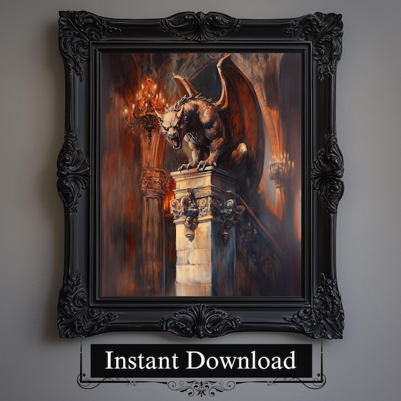 Gargoyle Gothic Cathedral Art Print, Dark Fantasy Illustration (Digital Download)