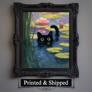 Funny Cat Print Monet Waterlily Gift Poster Wall Art Home Decor, Christmas Gift, Cat Mom Gift, Monet Inspired Cat Print