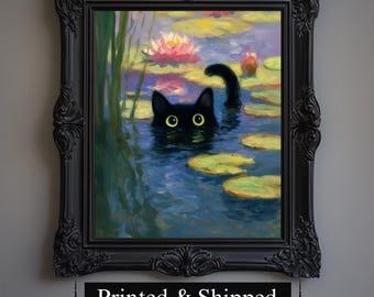 Funny Cat Art Print, Monet Waterlily Pond, Whimsical Home Decor