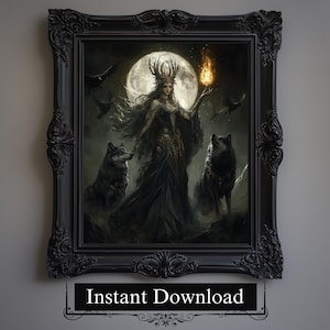 Puede incluir: Una pintura digital de una mujer con cuernos de ciervo y un largo vestido negro, sosteniendo una antorcha en llamas. Está rodeada de dos lobos y cuervos. El fondo es un bosque oscuro con luna llena.