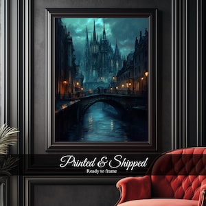 Vintage gothic cathedral painting in dark academia style, perfect for moody interior wall decor.