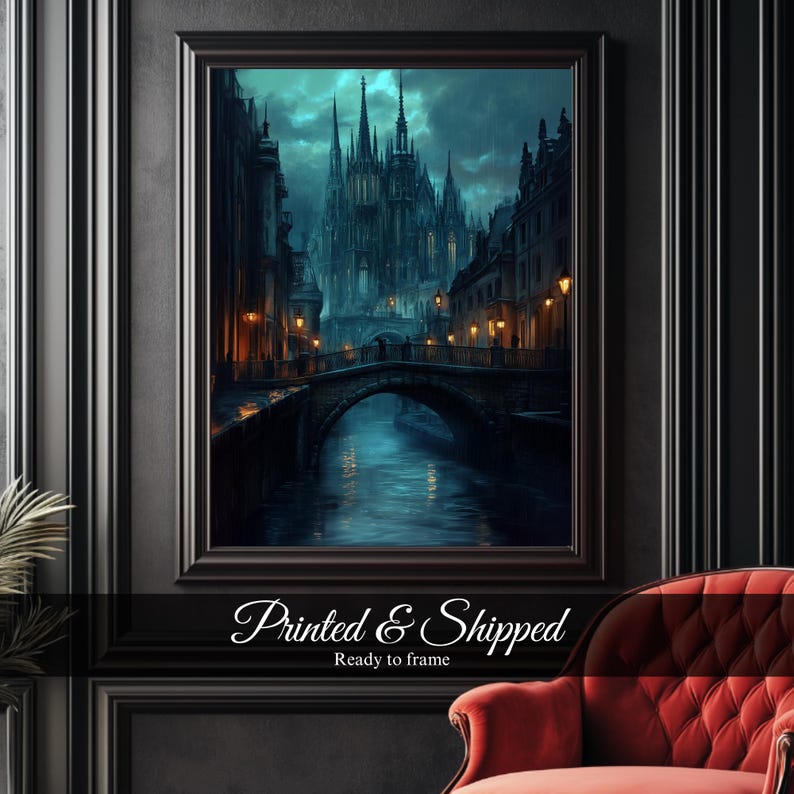 Vintage gothic cathedral painting in dark academia style, perfect for moody interior wall decor.