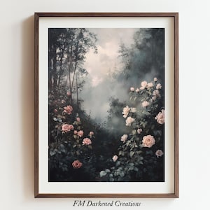 Mystical Garden Painting | Dark Cottagecore Botanical Art, Witchy Floral Print, Moody Green Aesthetic, Dark Academia & Cottagecore Wall