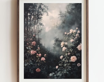 Dark Cottagecore Floral Art Print | Mystical Garden Painting (Digital Download)