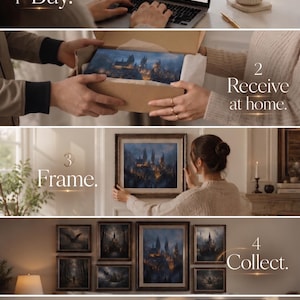 May include: A series of images showing the process of buying, receiving, framing, and collecting fantasy art prints. The art features a castle at night. The brand name "F Myra" is visible, along with the text "Fantasy art for timeless spaces."