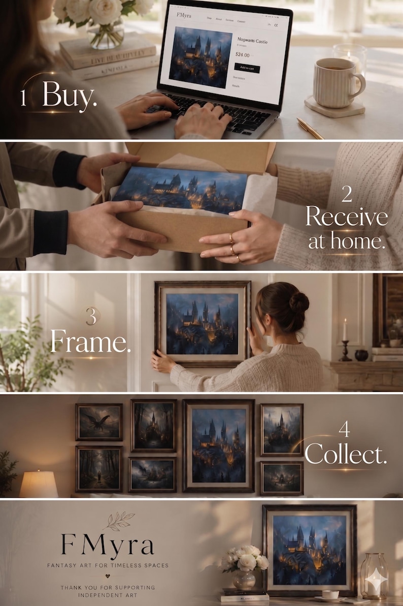 May include: A series of images showing the process of buying, receiving, framing, and collecting fantasy art prints. The art features a castle at night. The brand name "F Myra" is visible, along with the text "Fantasy art for timeless spaces."