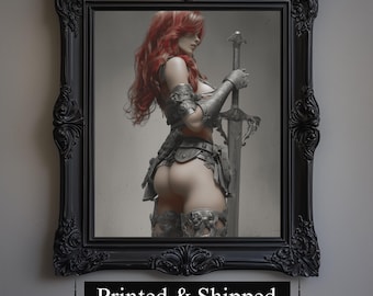 Stampa artistica di cavaliere donna, guerriera dai capelli rossi, decorazione fantasy medievale