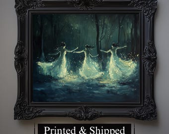 Stampa di fate danzanti: decorazione murale Dark Academia, arredamento fantasy