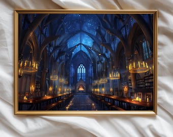 Wizard School Hall Print | Gothic Architecture, Starry Night