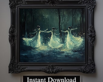 Lámina artística de hadas del bosque encantado / Danza mágica a la luz de la luna (Descarga digital)