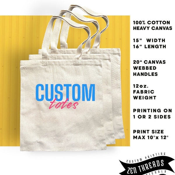 Custom Tote Bags, Cotton Canvas Personalized Eco Friendly Printed, Your Logo Photo Image Text Full Color, Business Wedding Team Promo Gift