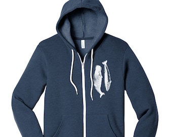 WHALES Classic Unisex Fleece Hoody Imprimé Zen Threads + Bella Canvas pour homme et femme sweat à capuche zippé à capuche observation des baleines orque à bosse béluga