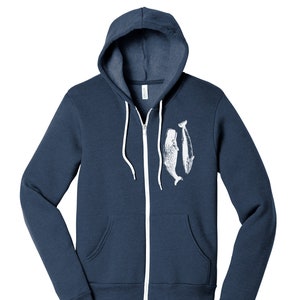 WHALES Classic Unisex Fleece Hoody Printed Zen Threads Bella Canvas mens women's zipper hoodie hooded whale watching orca humpback beluga Heather Navy