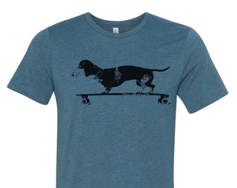 Longboard DACHSHUND Unisex Bella Canvas mens women's t shirt custom color printed tee doxie dog funny animal skater skateboard skating pet