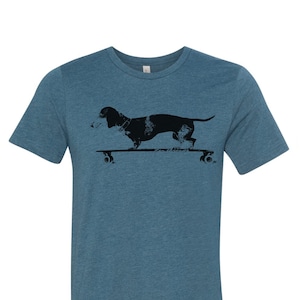 Longboard DACHSHUND Unisex Bella Canvas mens women&#39;s t shirt custom color printed tee doxie dog funny animal skater skateboard skating pet