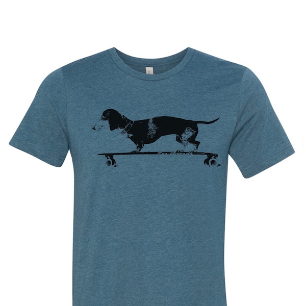 Longboard DACHSHUND Unisex Bella Canvas mens women's t shirt custom color printed tee doxie dog funny animal skater skateboard skating pet