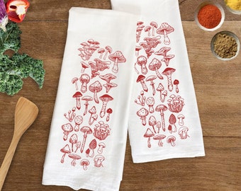 Large Flour Sack Towel Red Mushrooms Fungi Bar Kitchen Gift Organic Natural Cotton tea towel gift
