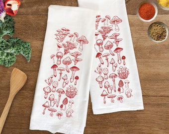 Red Mushroom Flour Sack Towel: Organic Cotton Kitchen Tea Towel