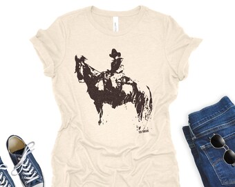 COWBOY and Horse Womens Boyfriend Tee relaxed T-shirt Zen Threads Bella Canvas Texas wrangler nature texas western wrangler gift cowgirl top