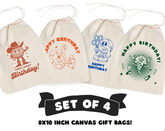 Happy Birthday Cotton Canvas Gift Bags: Reusable Party Favor Sacks - Set of 4