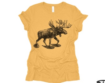 Womens MOOSE (in Snow Shoes) éco doux imprimé dames détendu équipage tee nature amoureux extérieur animal wapiti bois de cerf tee dames randonnée cerf