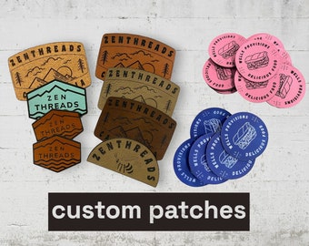 Custom Leatherette Patch No Minimums Bulk Rates heat seal option for personalized hats jackets beanies business logo family bachelorette