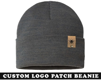 Sustainable CUSTOM PATCH Beanie Initials Leather leatherette vegan laser engraved customized monogram winter hat logo swag rivet tag hat