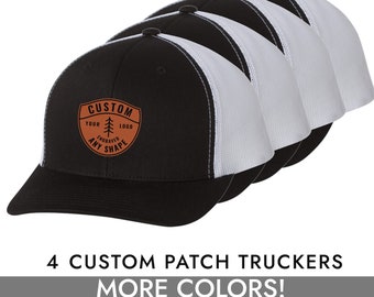 4 CUSTOM PATCH Classic Six Panel Trucker Logo Initials vegan Leather laser engraved customized personalized hat business rivet tag hat cap