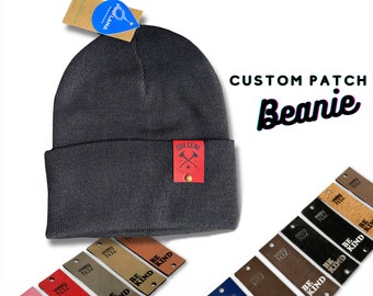 Sustainable CUSTOM PATCH Beanie Logo Initials - vegan Leather laser engraved customized personalized winter hat business rivet tag hat