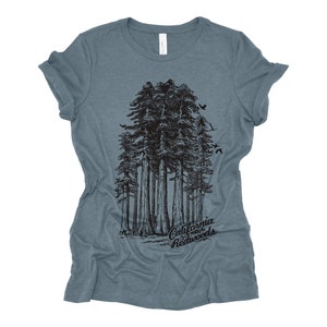 Womens California Redwoods Boyfriend Tee: Trees Park Hiking T-Shirt Bella Canvas Heather Slate