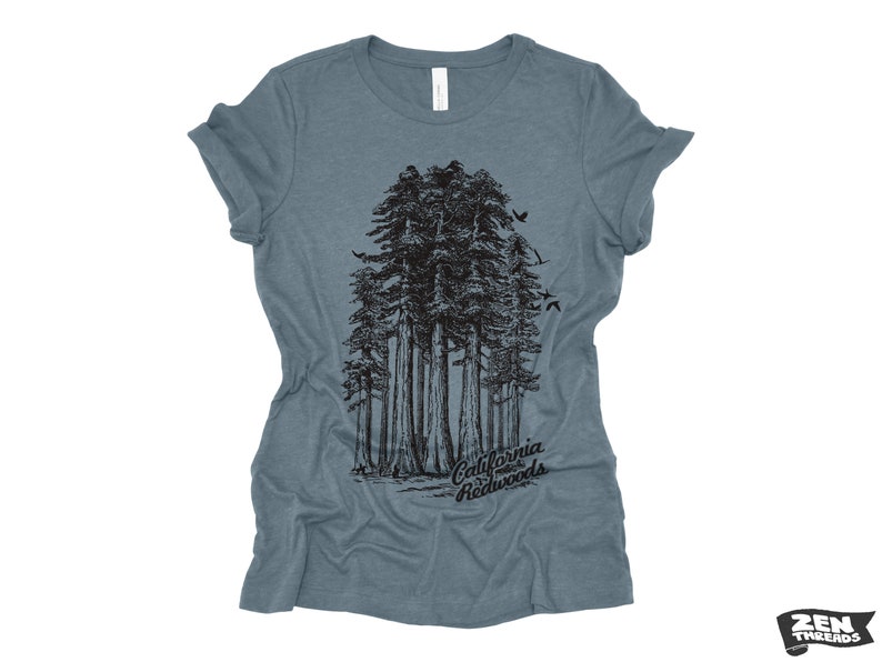 Womens California Redwoods Boyfriend Tee: Trees Park Hiking T-Shirt Bella Canvas Heather Slate