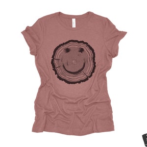 Womens Woodgrain Smiley Face relaxed jersey boyfriend are tee T-shirt Zen Threads + Bella Canvas 6400 eco soft print nature lover