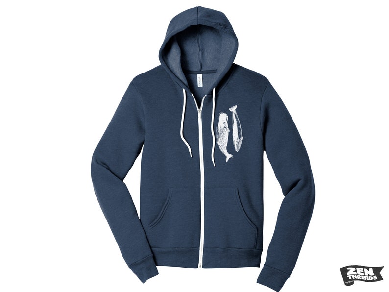 WHALES Classic Unisex Fleece Hoody Printed Zen Threads Bella Canvas mens women's zipper hoodie hooded whale watching orca humpback beluga Heather Navy