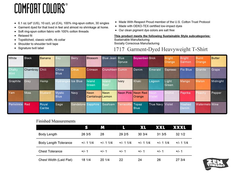 K&ouml;nnte beinhalten: Farbtabelle f&uuml;r ein Comfort Colors 1717 schweres, st&uuml;ckgef&auml;rbtes T-Shirt, mit einer gro&szlig;en Auswahl an Farben wie Wei&szlig;, Schwarz und Marine. Enth&auml;lt fertige Ma&szlig;e f&uuml;r die Gr&ouml;&szlig;en S bis XXXL, mit einer K&ouml;rperl&auml;nge von 67,6 bis 82,6 cm.