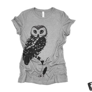 Womens OWL Relaxed fit vintage soft eco print ladies boyfriend T-Shirt Colors custom bird watching forest hiking camping nature animal Athletic Heather