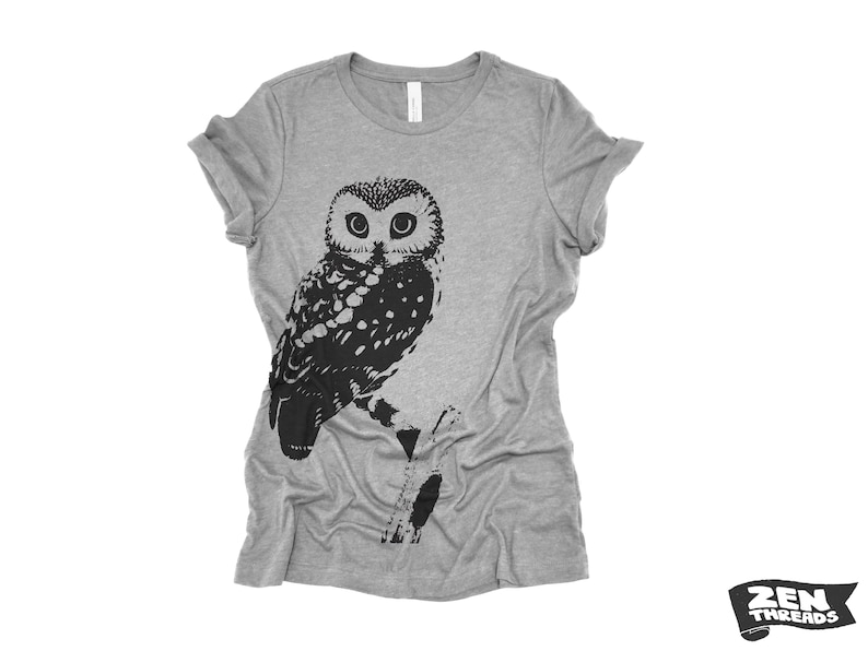 Womens OWL Relaxed fit vintage soft eco print ladies boyfriend T-Shirt Colors custom bird watching forest hiking camping nature animal Athletic Heather