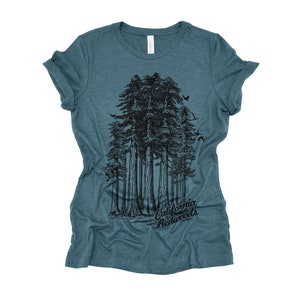 Womens California Redwoods Boyfriend Tee: Trees Park Hiking T-Shirt Bella Canvas Heather Deep Teal
