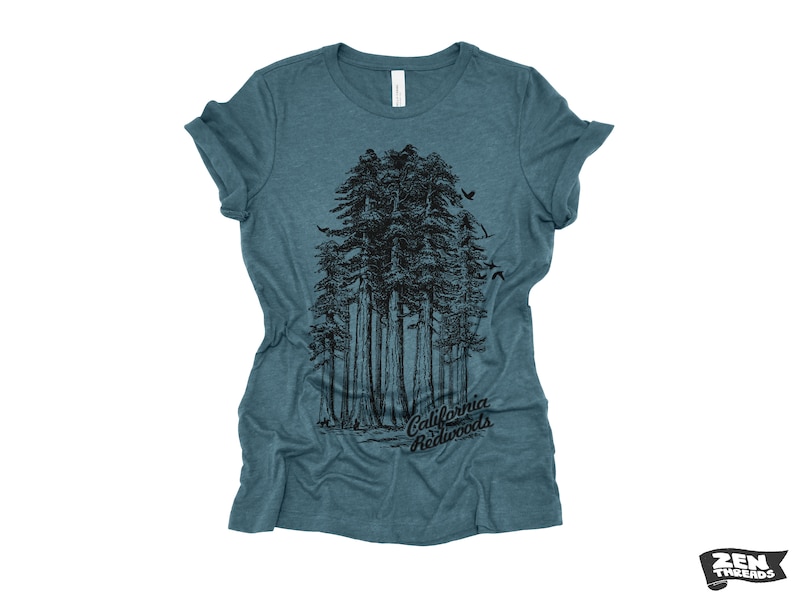 Womens California Redwoods Boyfriend Tee: Trees Park Hiking T-Shirt Bella Canvas Heather Deep Teal