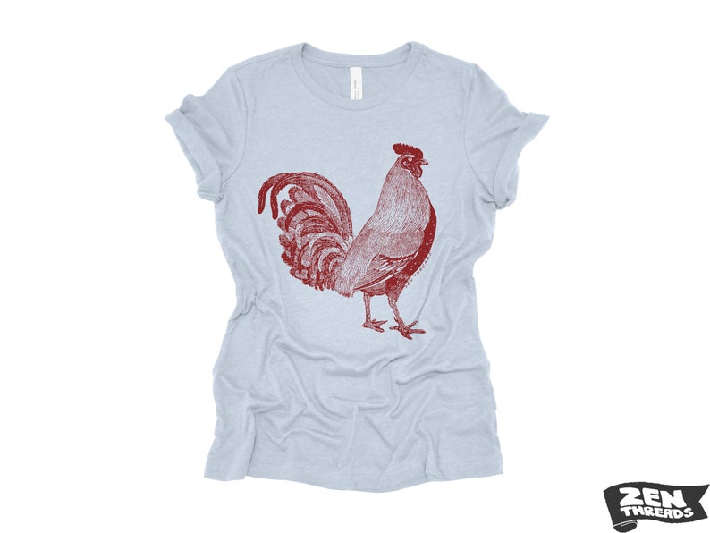 Womens ROOSTER Relaxed Fit T Shirt farm bird hen country tee Colors Available custom ladies boyfriend crew shirt farmer Heather Prism Blue