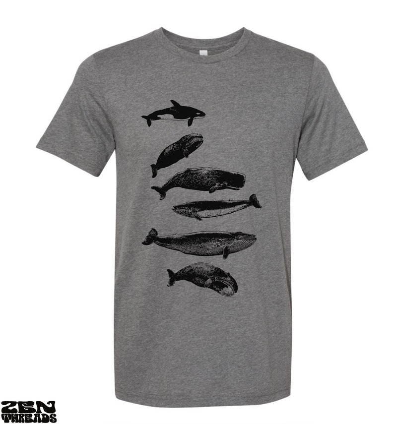 WHALES Unisex mens womens t shirt zen threads screen printed custom color printed tee ocean beach orca beluga humpback watching sea life Deep Heather