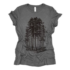 Womens California Redwoods Boyfriend Tee: Trees Park Hiking T-Shirt Bella Canvas Deep Heather