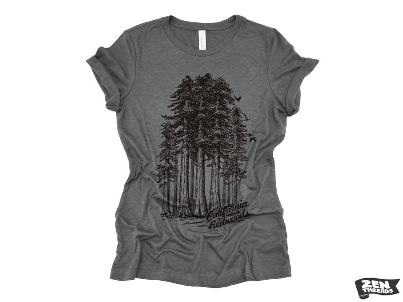 Womens California Redwoods Boyfriend Tee: Trees Park Hiking T-Shirt Bella Canvas Deep Heather