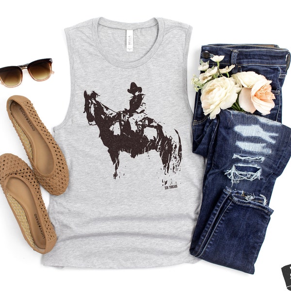 Womens COWBOY and HORSE Muscle Tank workout fitness tee western theme top t-shirt texas wrangler desert Yellowstone western wear