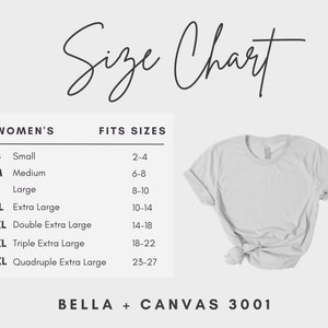 May include: A size chart for women's t-shirts, showing the corresponding women's size and the corresponding fit size in US women's sizes. The chart shows sizes from Small to 4XL. The chart also includes the text "BELLA + CANVAS 3001".