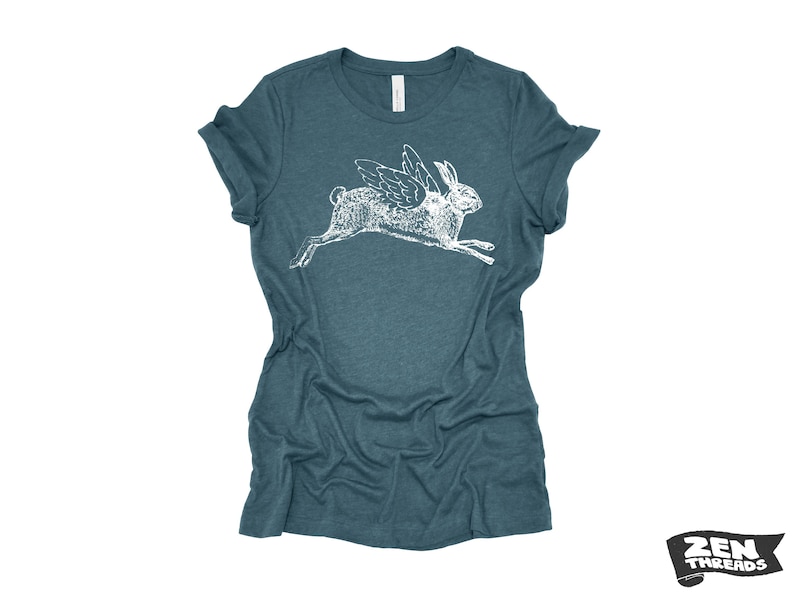 Womens Flying RABBIT T-Shirt printed Colors Available custom hare wings bunny tee top ladies relaxed boyfriend fit crew spring easter Heather Deep Teal