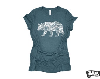 Womens California BEAR T-Shirt eco printed Relaxed fit crew the ladies (+ Colors Available) travel west coast Hollywood Yosemite redwoods