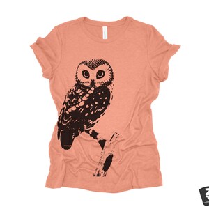 Womens OWL Relaxed fit vintage soft eco print ladies boyfriend T-Shirt Colors custom bird watching forest hiking camping nature animal Heather Sunset