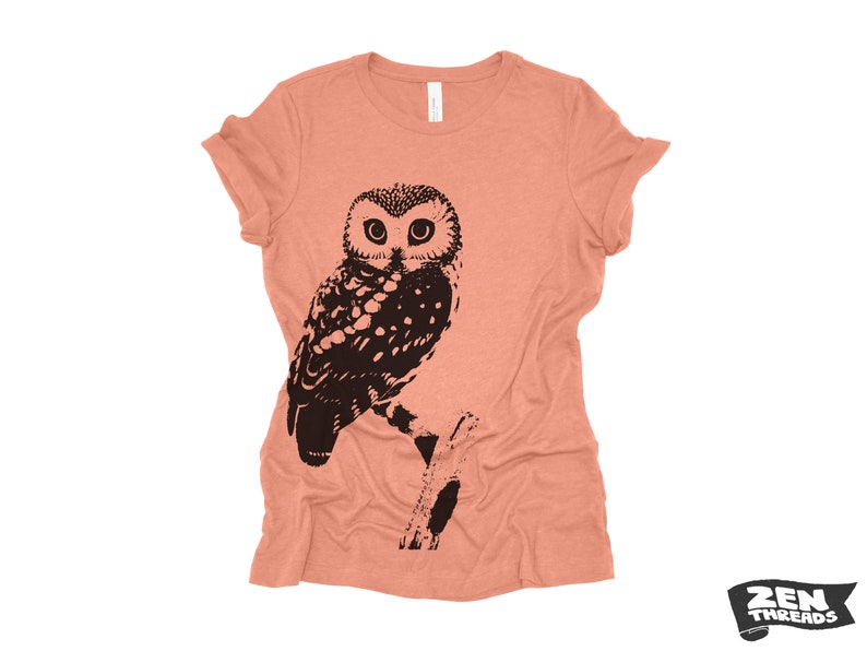 Womens OWL Relaxed fit vintage soft eco print ladies boyfriend T-Shirt Colors custom bird watching forest hiking camping nature animal Heather Sunset