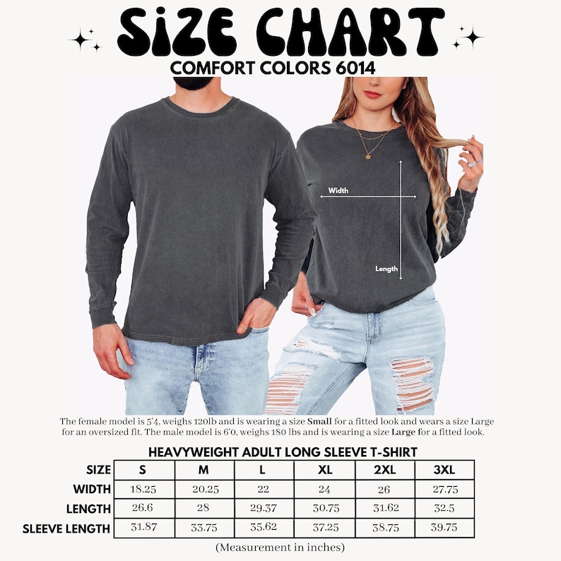 Pode incluir: Tabela de tamanhos para uma camiseta de manga comprida de peso pesado. A tabela mostra as medidas em polegadas para os tamanhos S, M, L, XL, 2XL e 3XL. As medidas incluem a largura, o comprimento e o comprimento da manga.