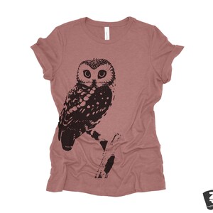 Womens OWL Relaxed fit vintage soft eco print ladies boyfriend T-Shirt Colors custom bird watching forest hiking camping nature animal Heather Mauve